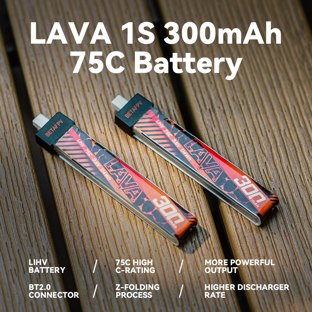 BETAFPV Lava 1S 300mAh battery with BT2.0 connector for quick swaps.