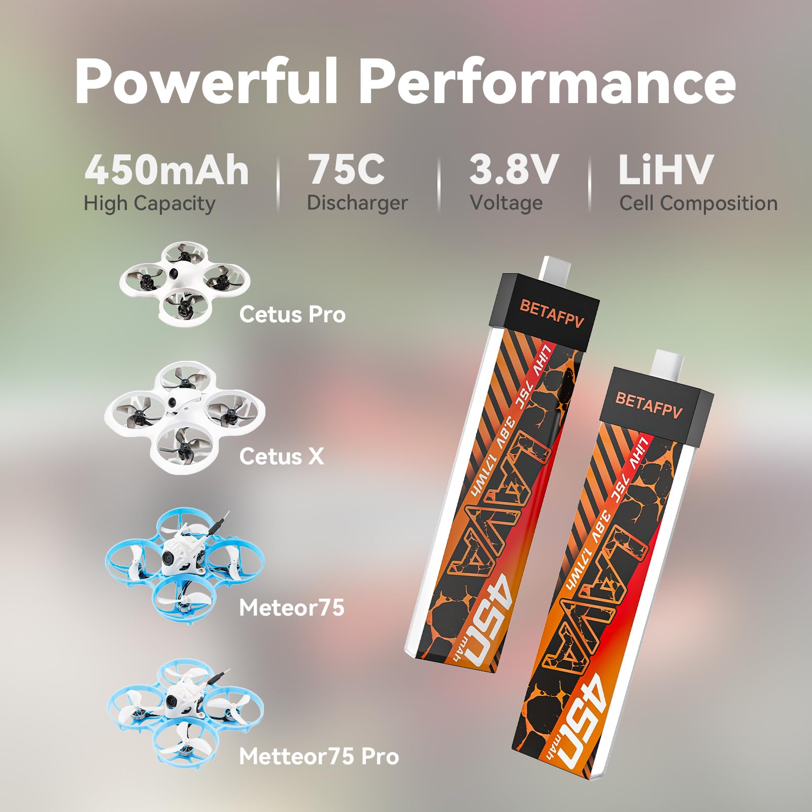 BETAFPV Lava 450mAh 1S 75C discharge illustrates strong bursts for agile flights.
