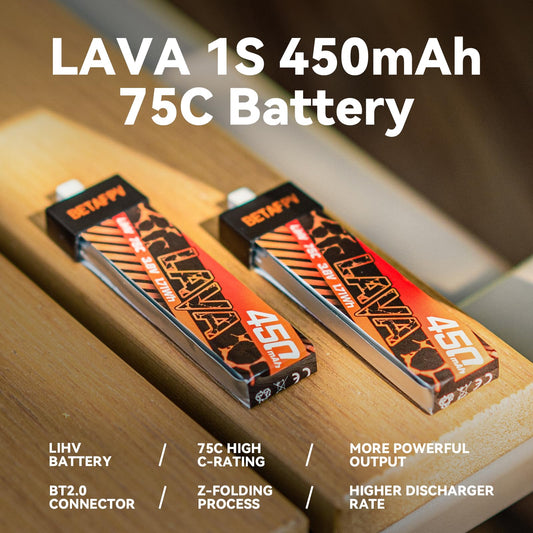 BETAFPV Lava 450mAh 1S side view shows slim profile for tight FPV frames.