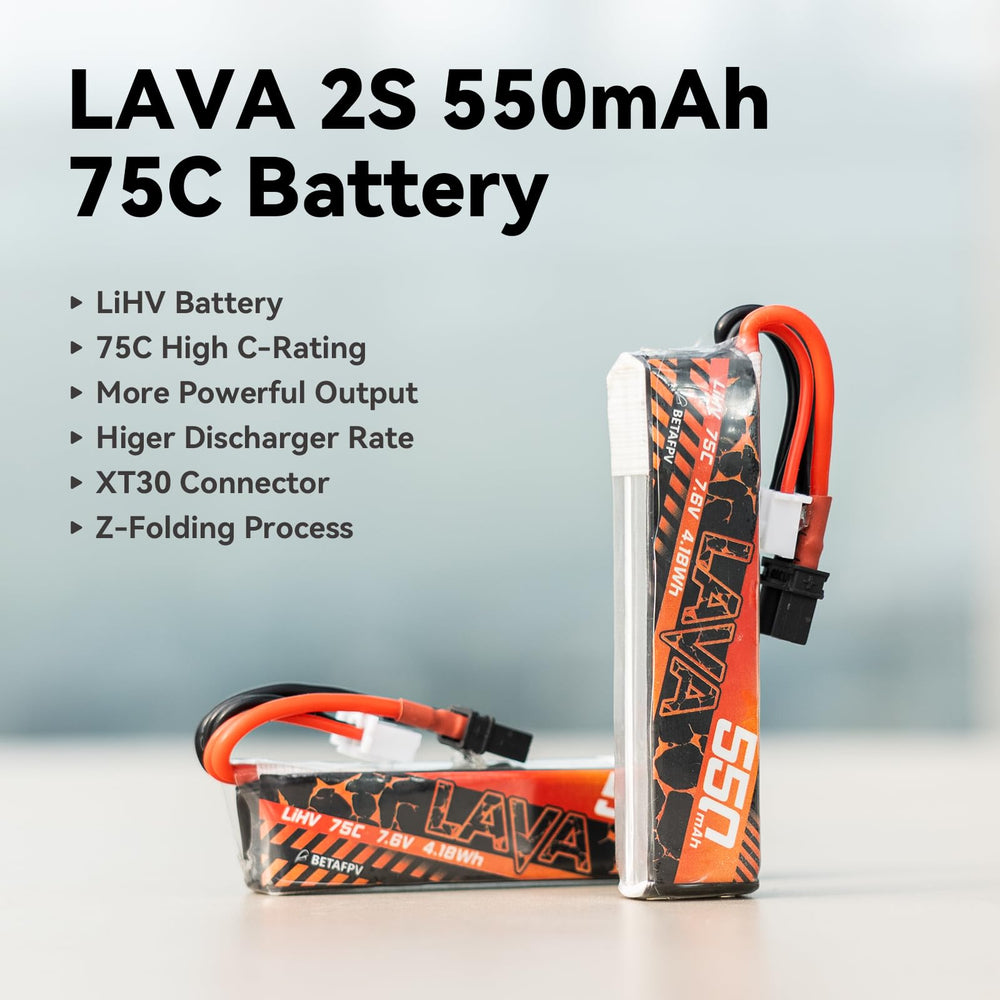 BETAFPV Lava 550mAh 2S battery side view with XT30 connector for quick swaps