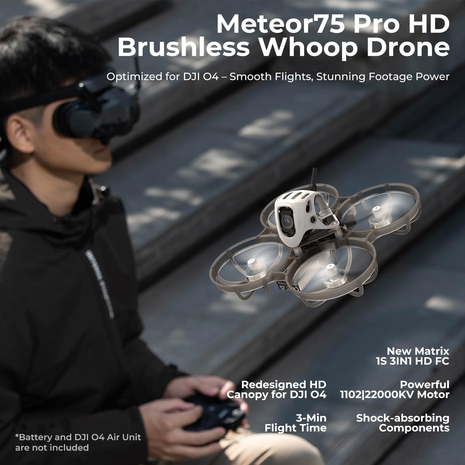 BETAFPV Meteor75 Pro canopy closeup highlighting micro canopy and HD camera mount.