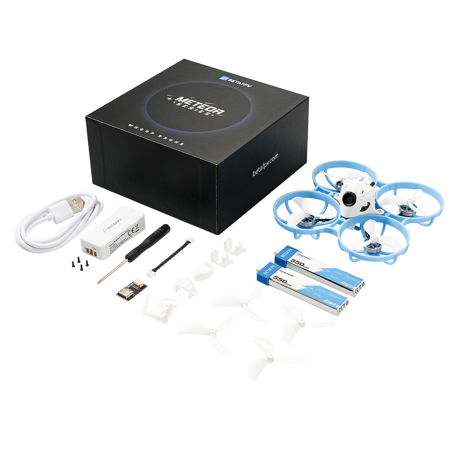 BETAFPV Meteor75 Pro packaging contents laid out for quick start.