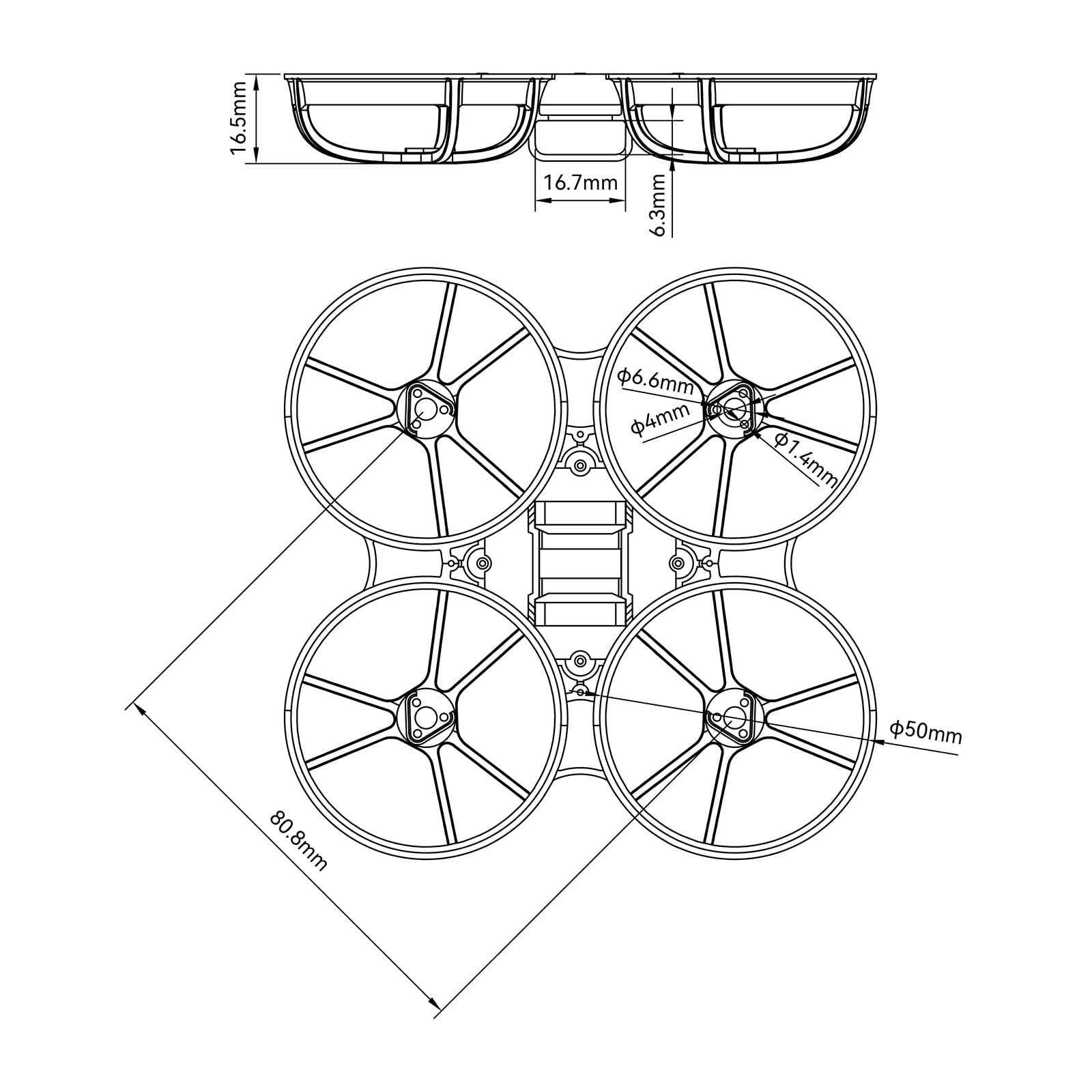 BETAFPV Meteor75 Pro motor holder uses triangle bilateral structure for stable high-speed flights
