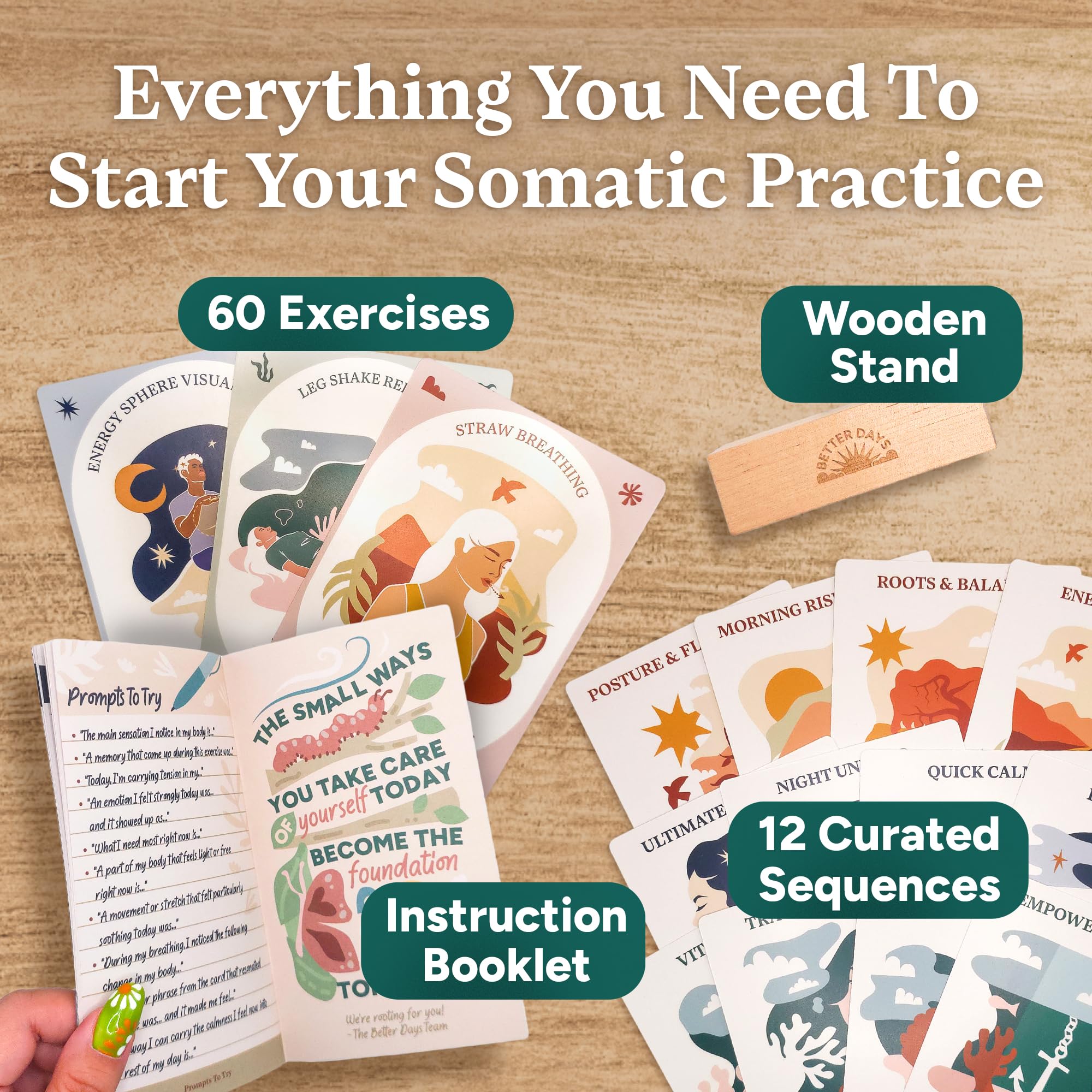Better Days gentle movement card guides small moves to ease tension and improve flow.