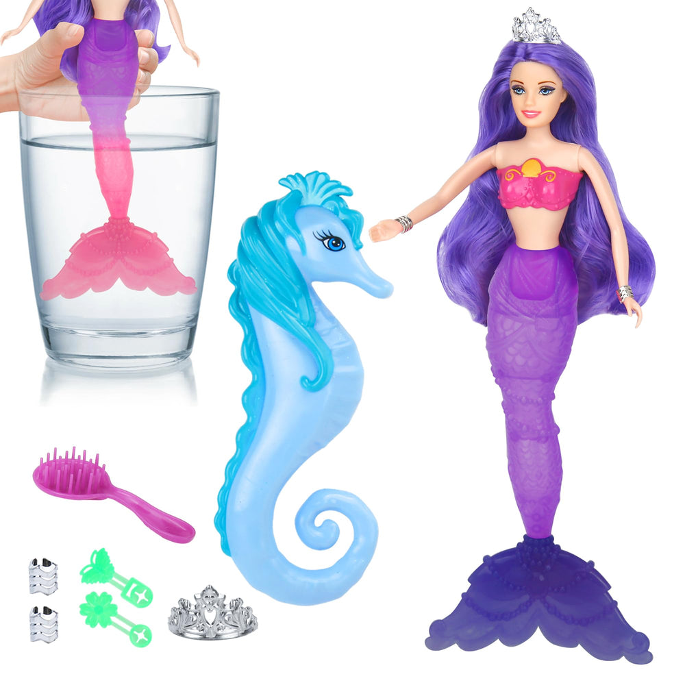 BETTINA color-change mermaid doll tail demonstrates temperature-activated color shift for imaginative play.