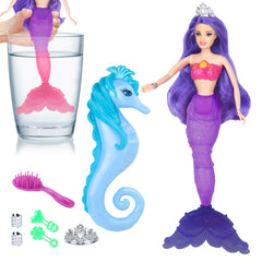 BETTINA color-change mermaid doll tail demonstrates temperature-activated color shift for imaginative play.