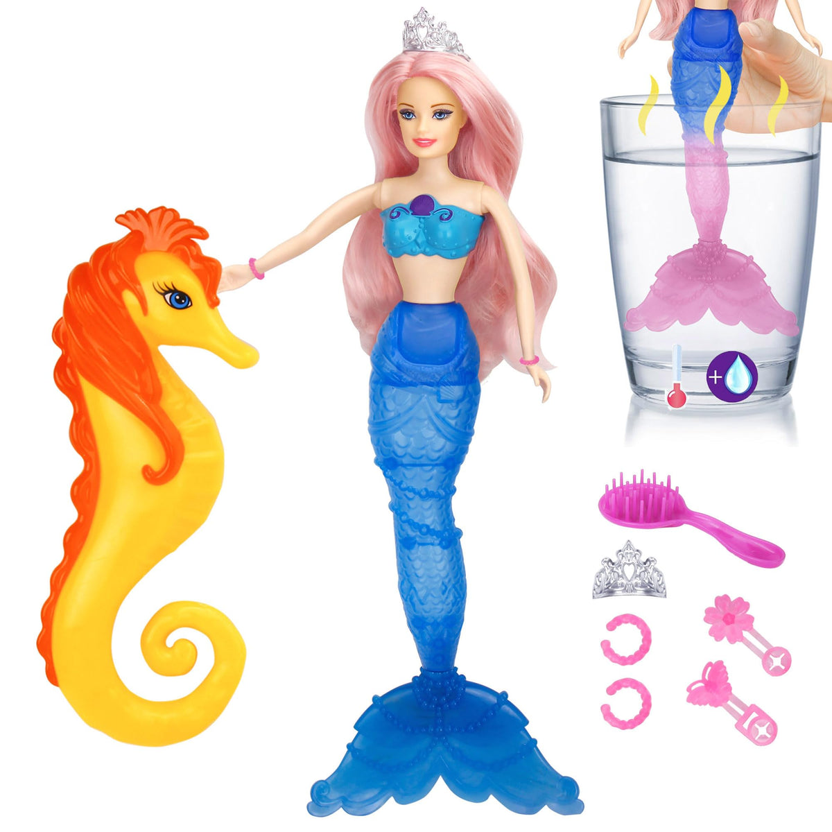 BETTINA color-change mermaid doll with blue-to-pink tail inspires creative underwater play.
