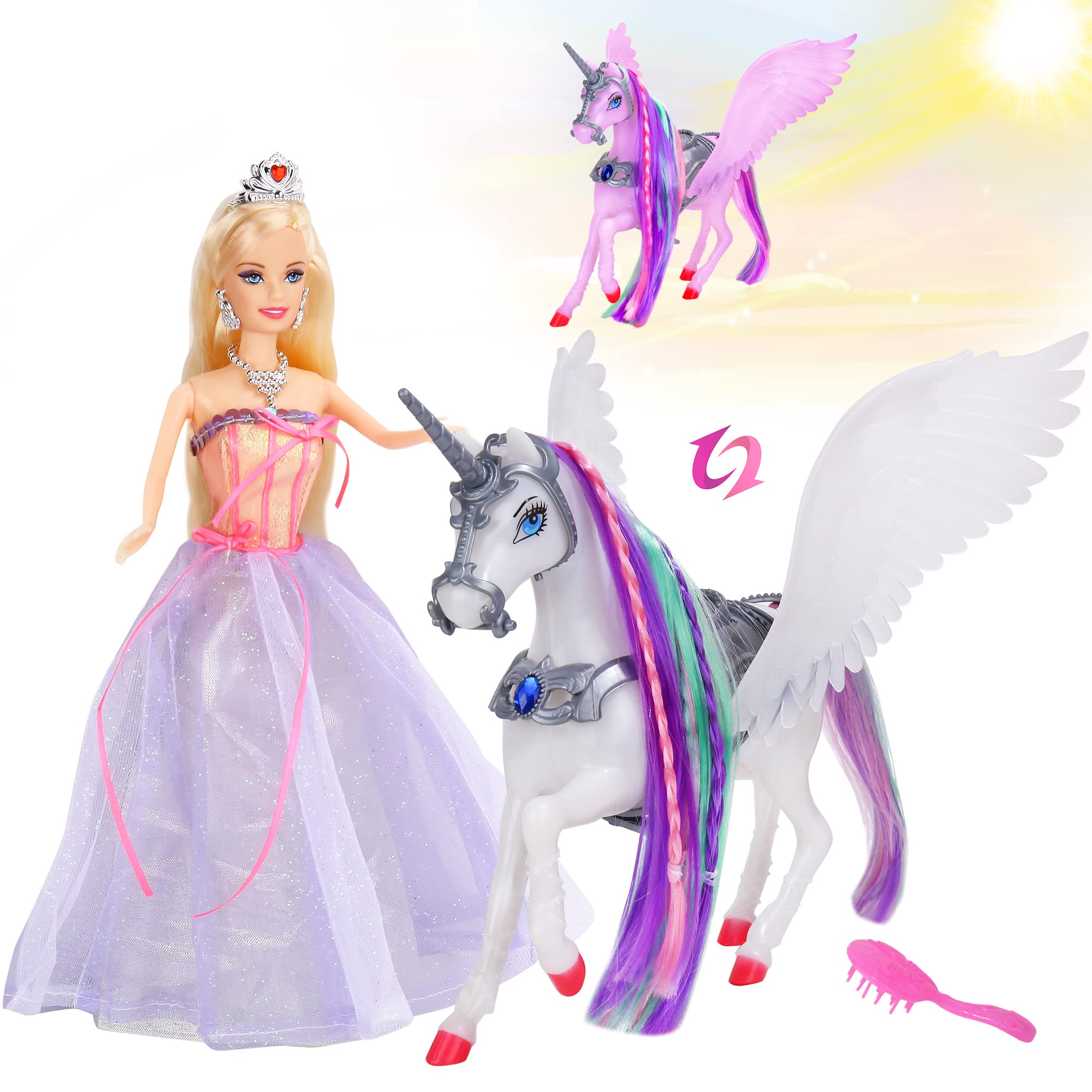 BETTINA color-changing unicorn doll shines pink in sunshine for outdoor play.
