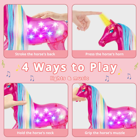 BETTINA dreamy unicorn doll with rainbow lights enhances magical play experiences.
