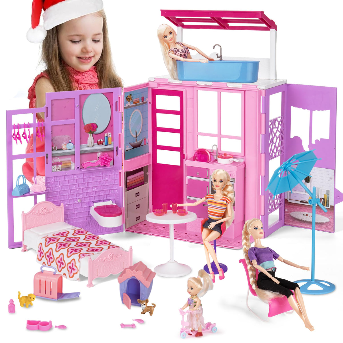 BETTINA foldable doll house with loft fits 11-12 inch dolls and expands play space.
