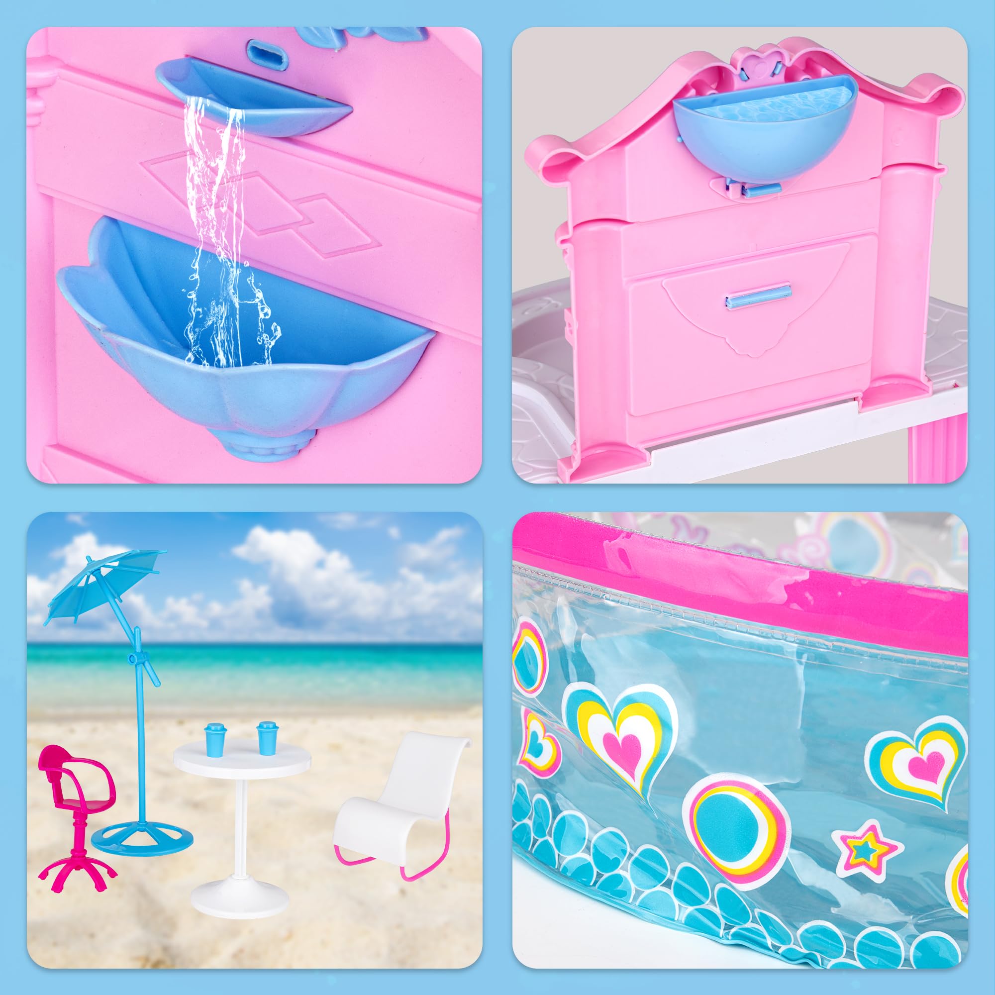 BETTINA Glam Deluxe doll pool playset beach umbrella provides shade during pretend parties.