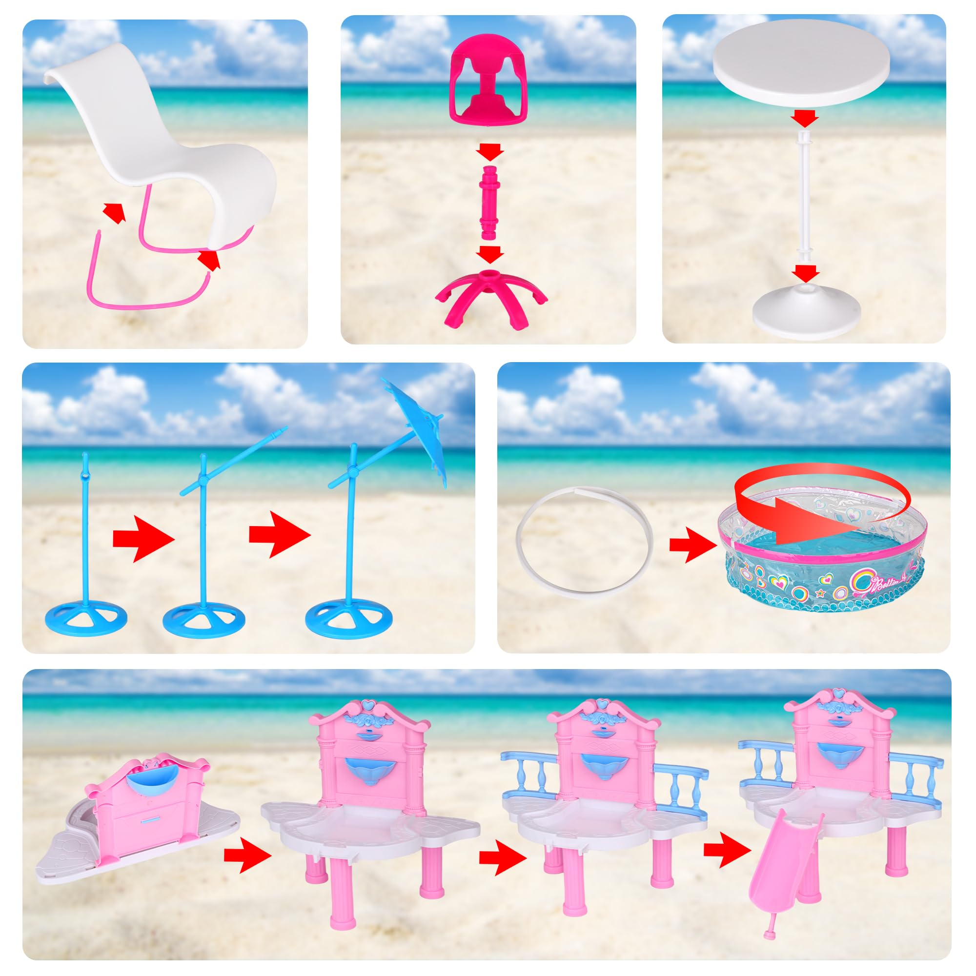 BETTINA Glam Deluxe doll pool playset beverages add realistic pretend refreshments.