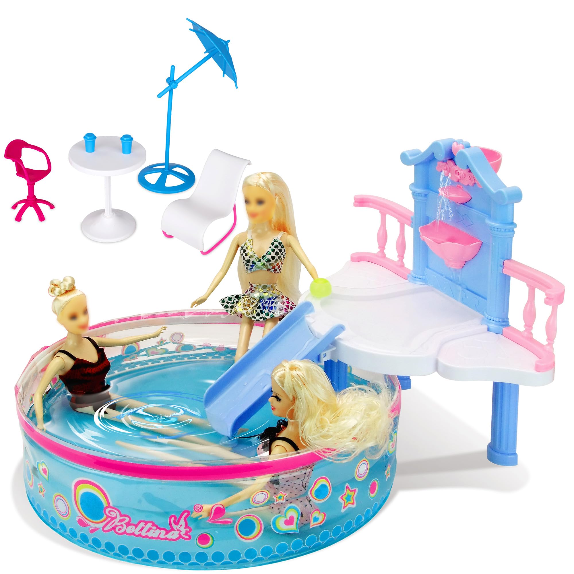 BETTINA Glam Deluxe doll pool playset pool scene for multiple dolls and shared fun.