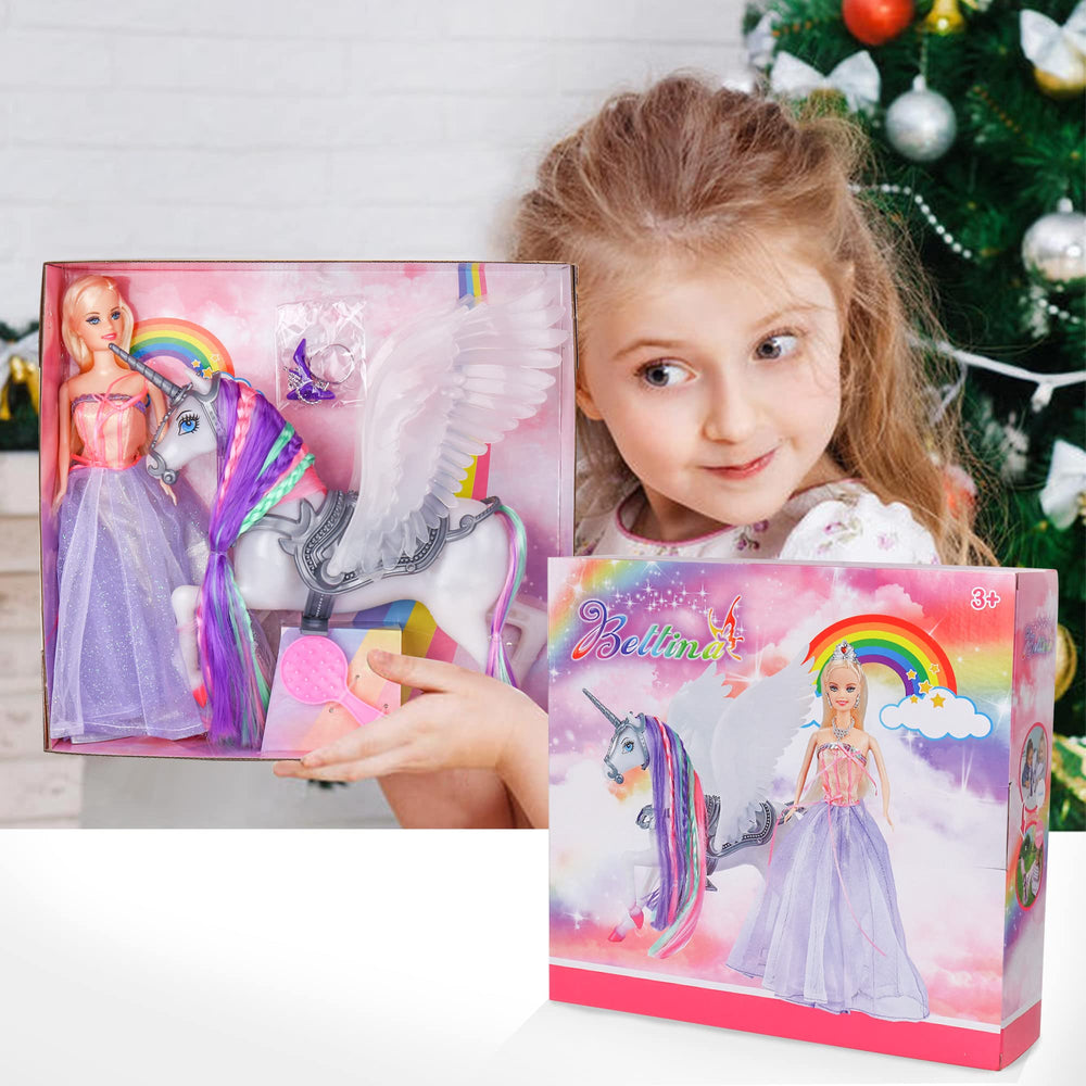 BETTINA unicorn measures 9x9.8 inches for compact play.