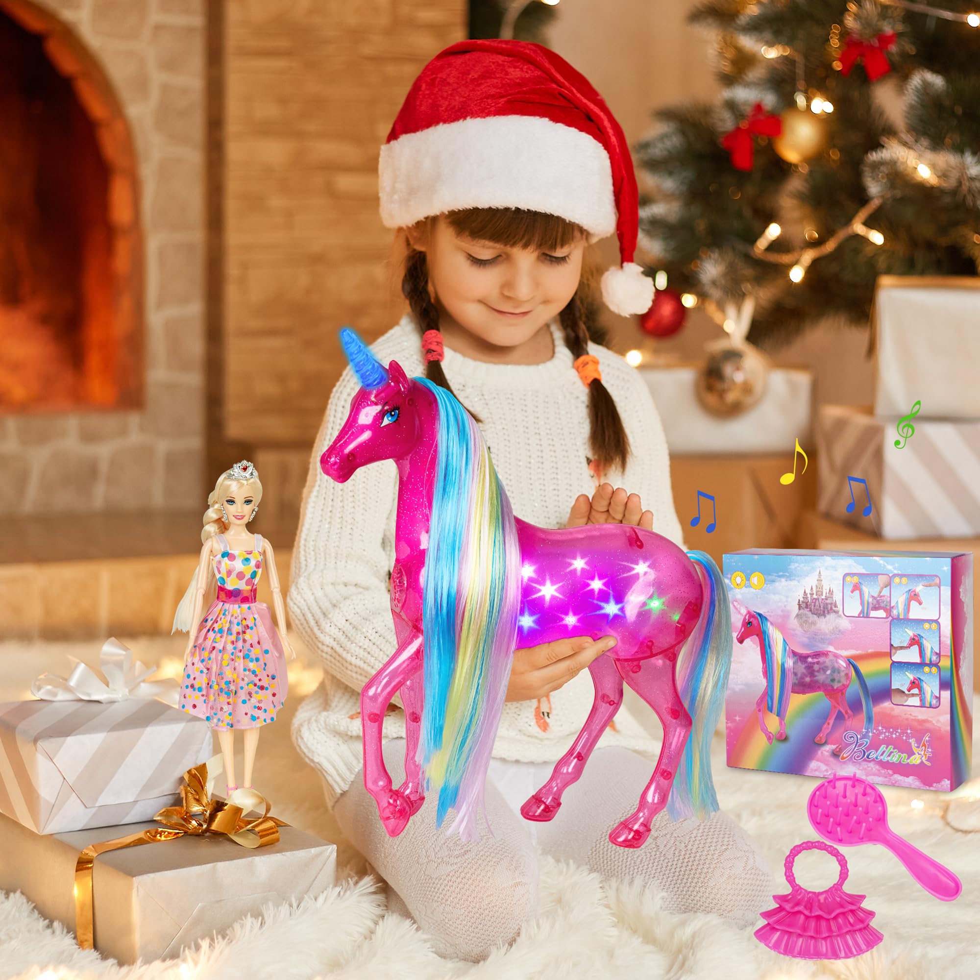 BETTINA unicorn doll mouth grip engages sounds and dynamic lighting
