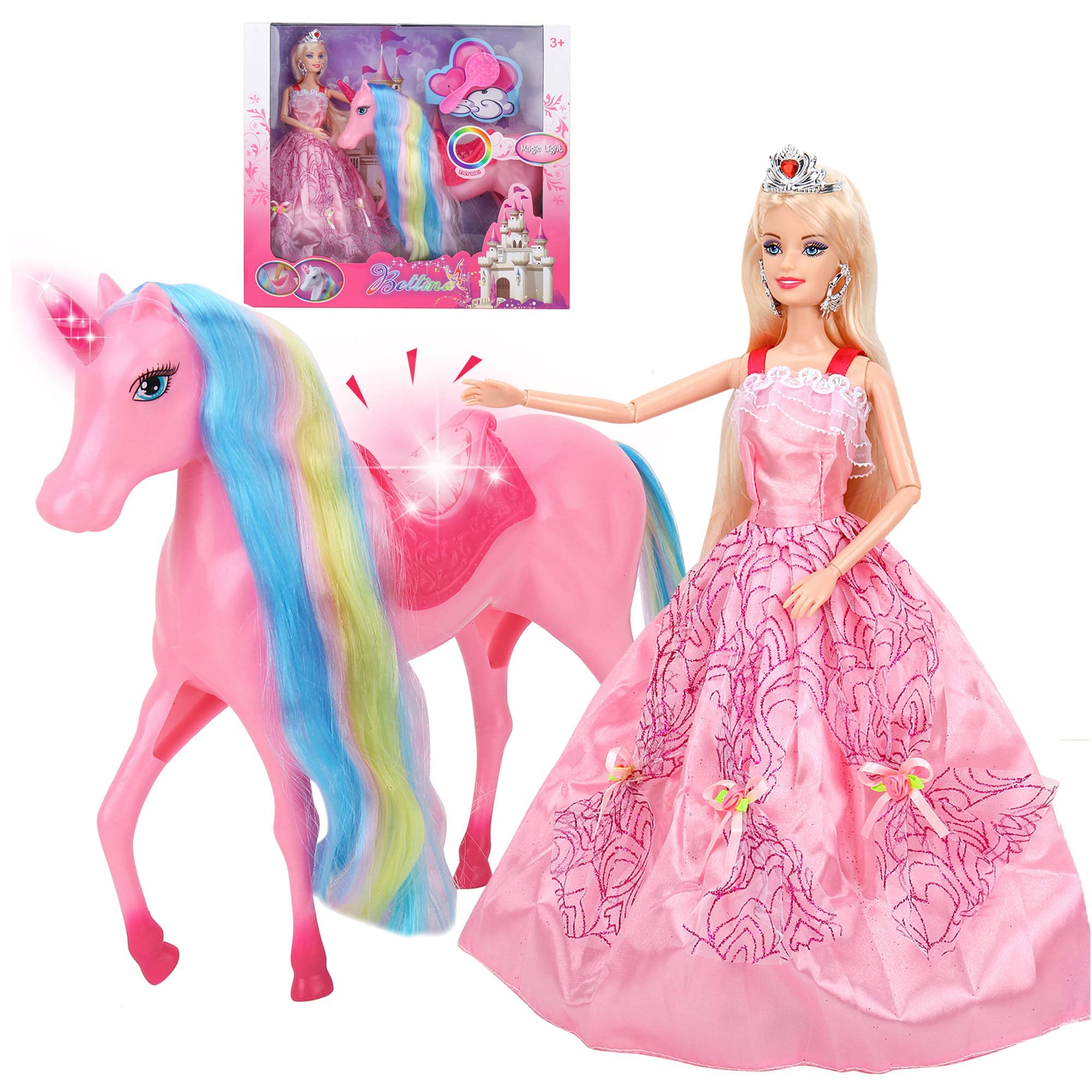 BETTINA Unicorn Princess Dolls Set: princess sits on the unicorn back for imaginative play