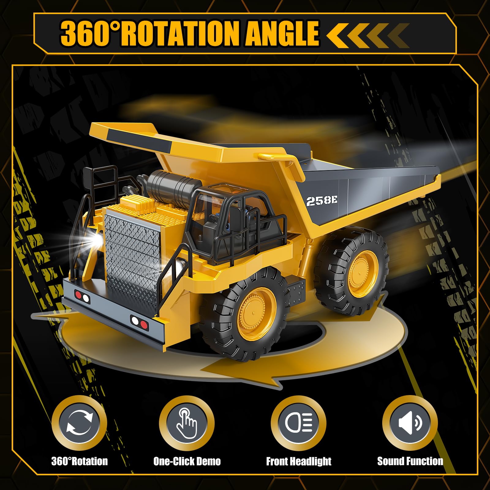 BEWEAI RC Dump Truck dumping at 45° angle for authentic construction scenes.