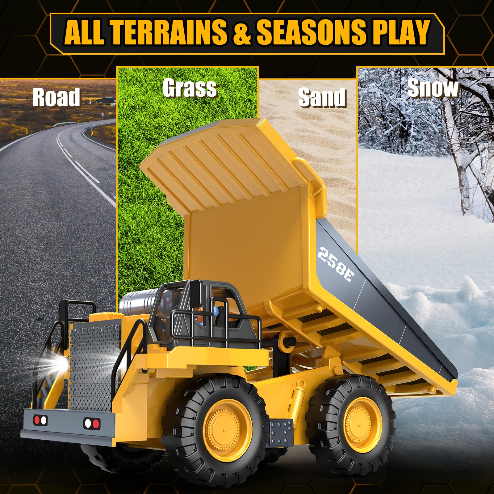 BEWEAI RC Dump Truck anti-slip tires conquer varied terrain.