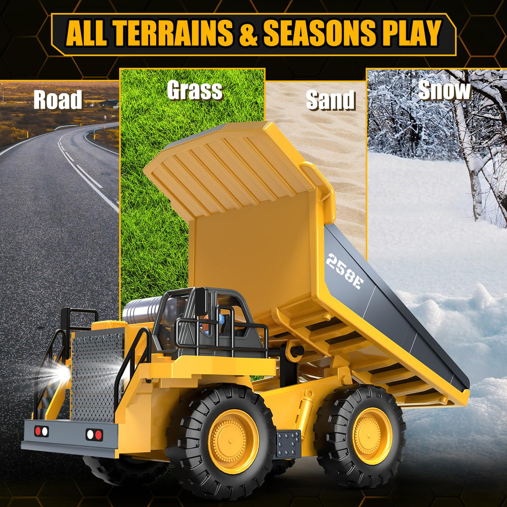 BEWEAI RC Dump Truck anti-slip tires conquer varied terrain.