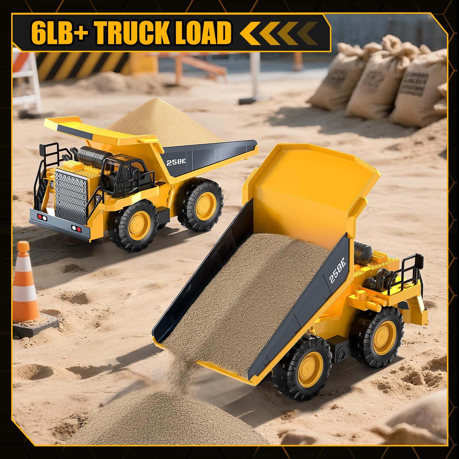 BEWEAI RC Dump Truck LED headlights illuminate night-time play.