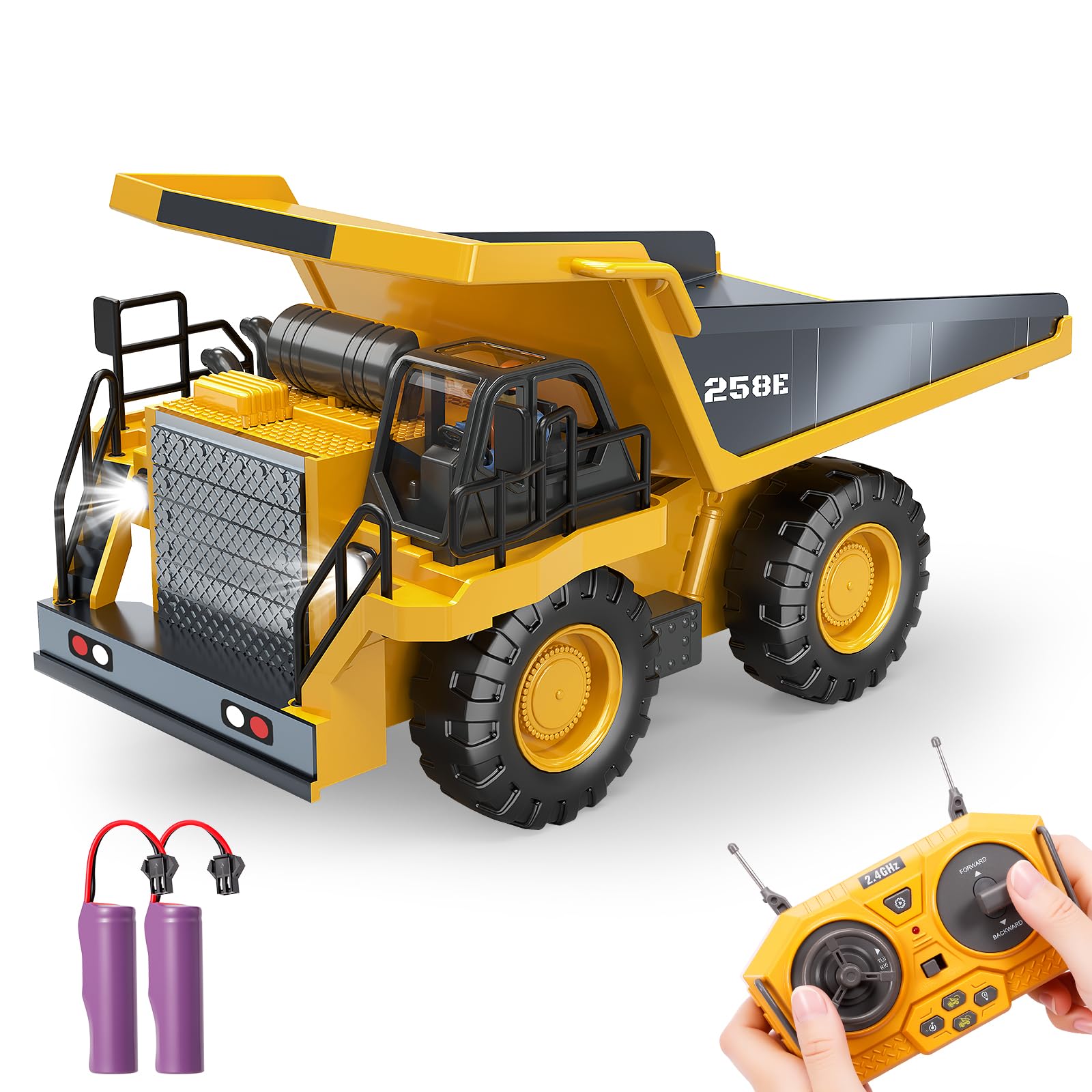 BEWEAI RC Dump Truck with metal bed in action for realistic dumping play.