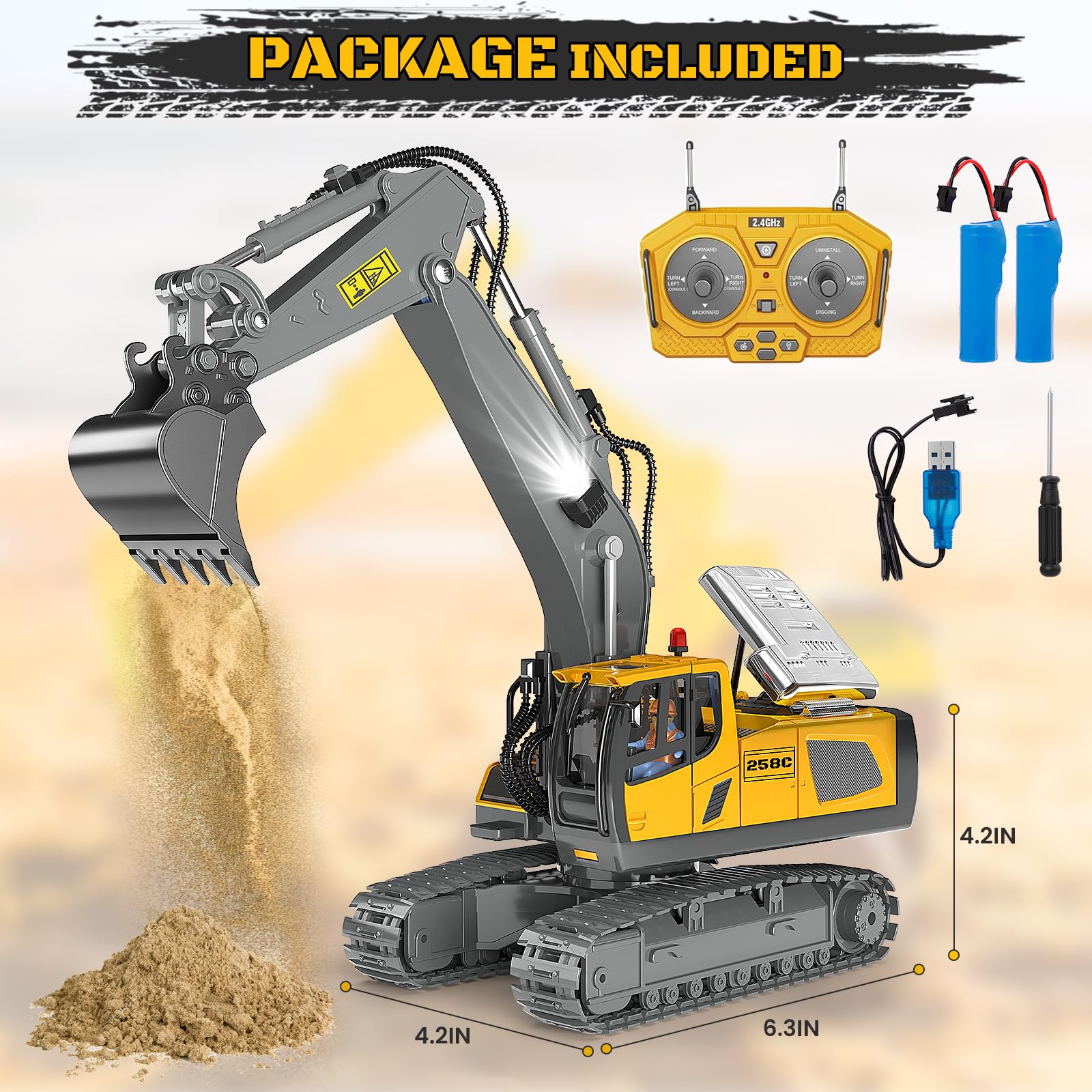 BEWEAI kid-friendly RC excavator set in premium packaging for gifting.