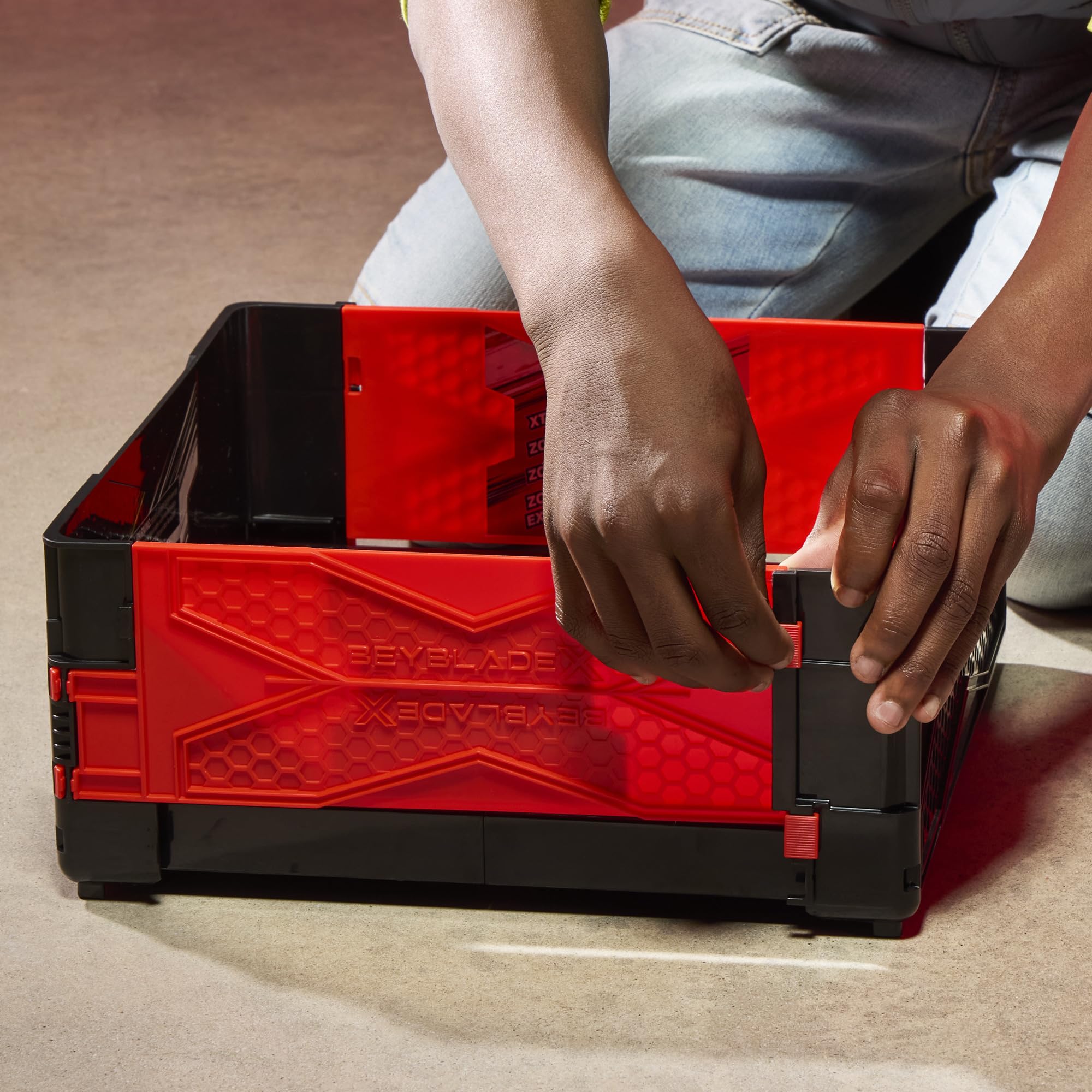 Beyblade stadium hinge close-up showing easy folding for storage