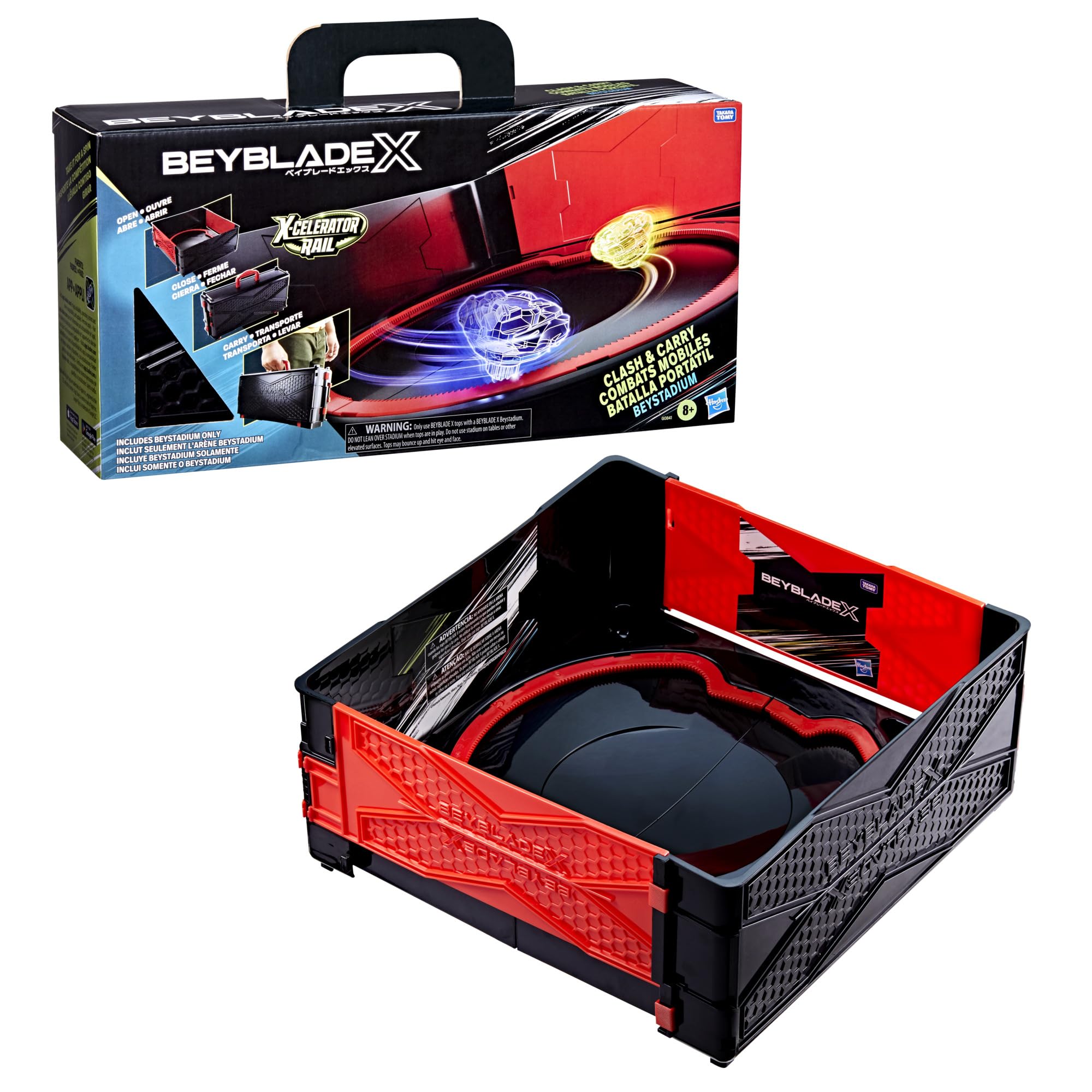 Beyblade front packaging showing Clash & Carry stadium and benefits