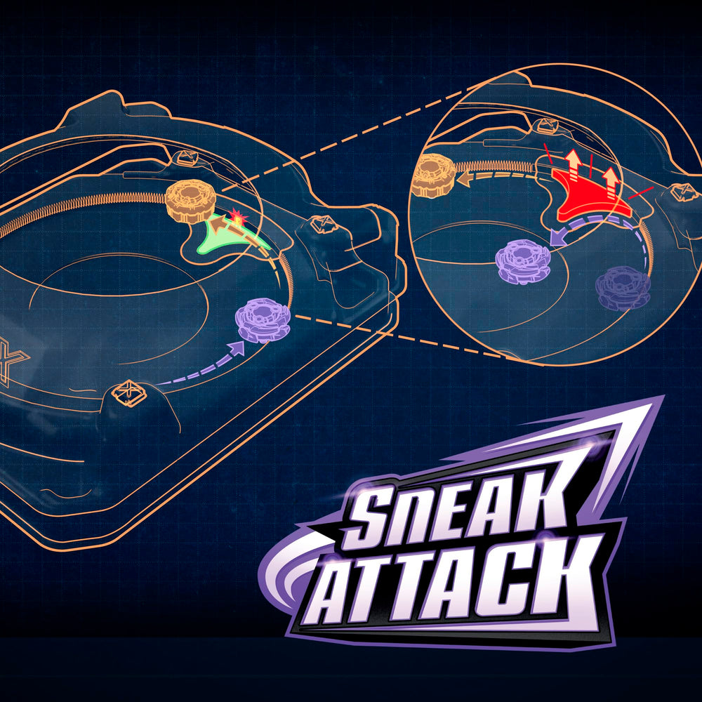 Beyblade tops hitting X Celerator dash for dramatic collision excitement