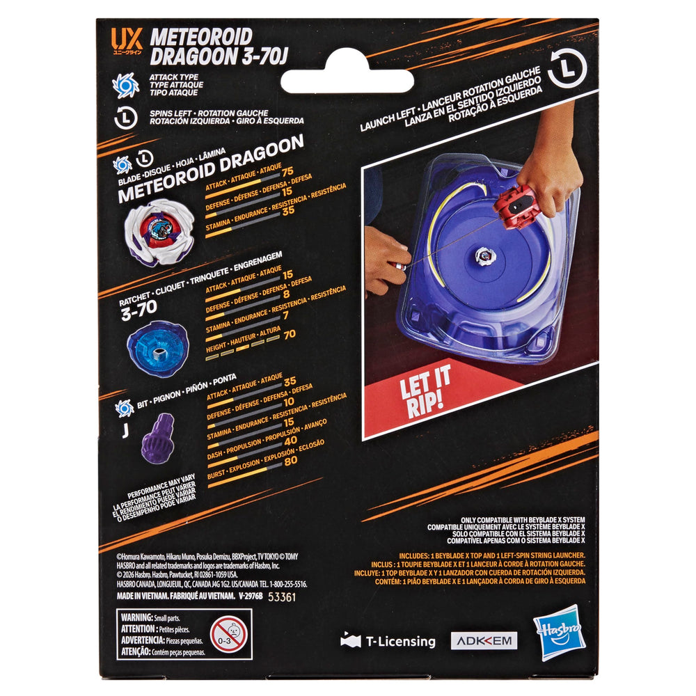 Beyblade Meteoroid Dragoon close-up metal detail highlighting Takara Tomy die-cast strength
