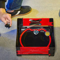 Beyblade stadium held in hand showing portable size and convenience