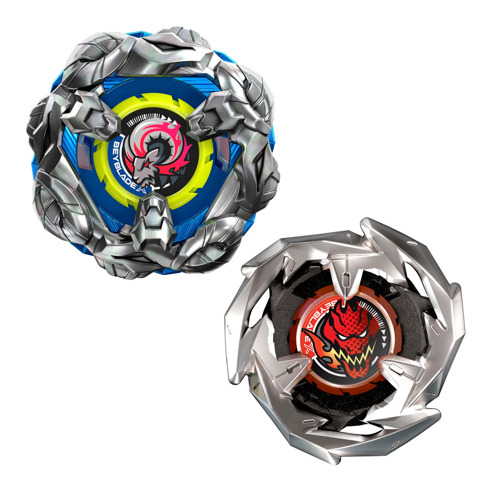 Beyblade X dual-pack box front showing two tops