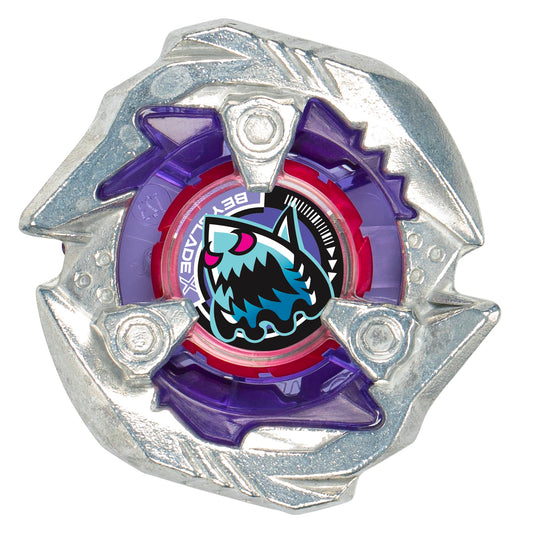 Beyblade X booster pack front view highlights interchangeable parts for customization.