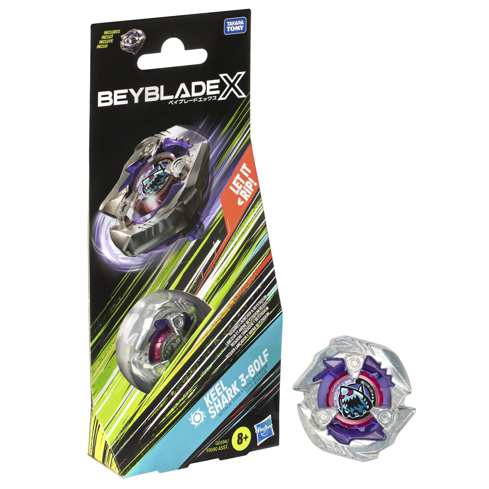 Beyblade X Keel Shark 3-60LF top close-up shows die-cast detail for intense battles.