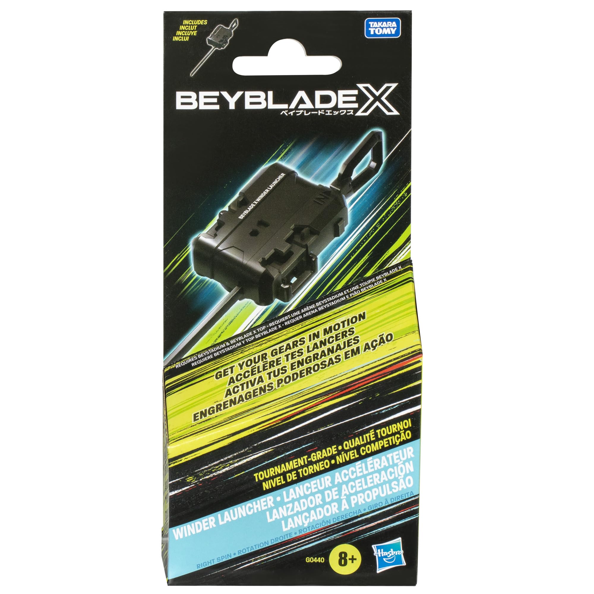 Beyblade X launcher in use on Beystadium achieving high-speed rail launch