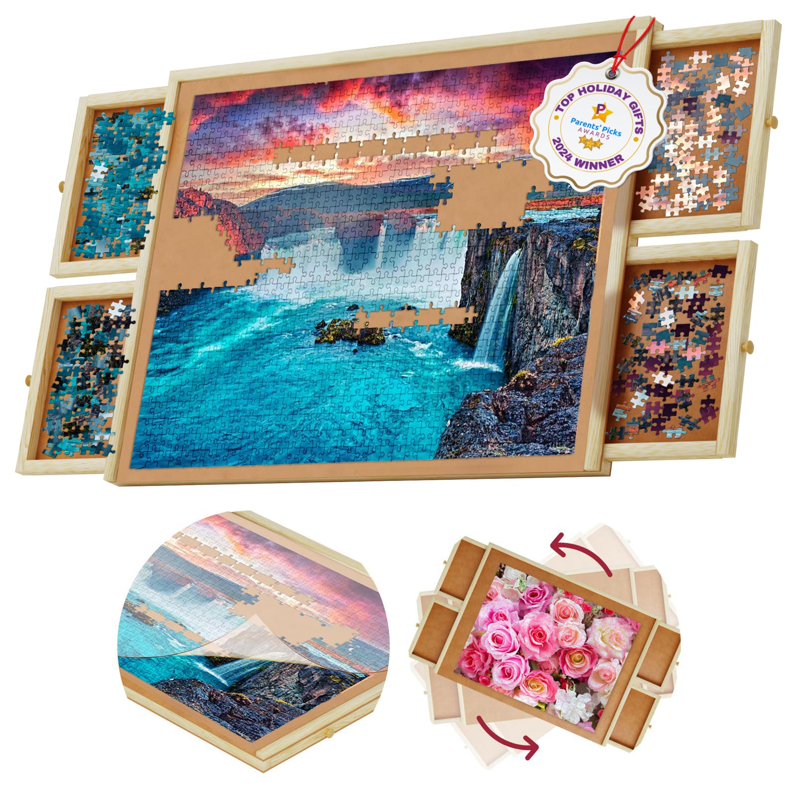 Beyond Innoventions rotating puzzle table with 1000-piece capacity for large puzzles.
