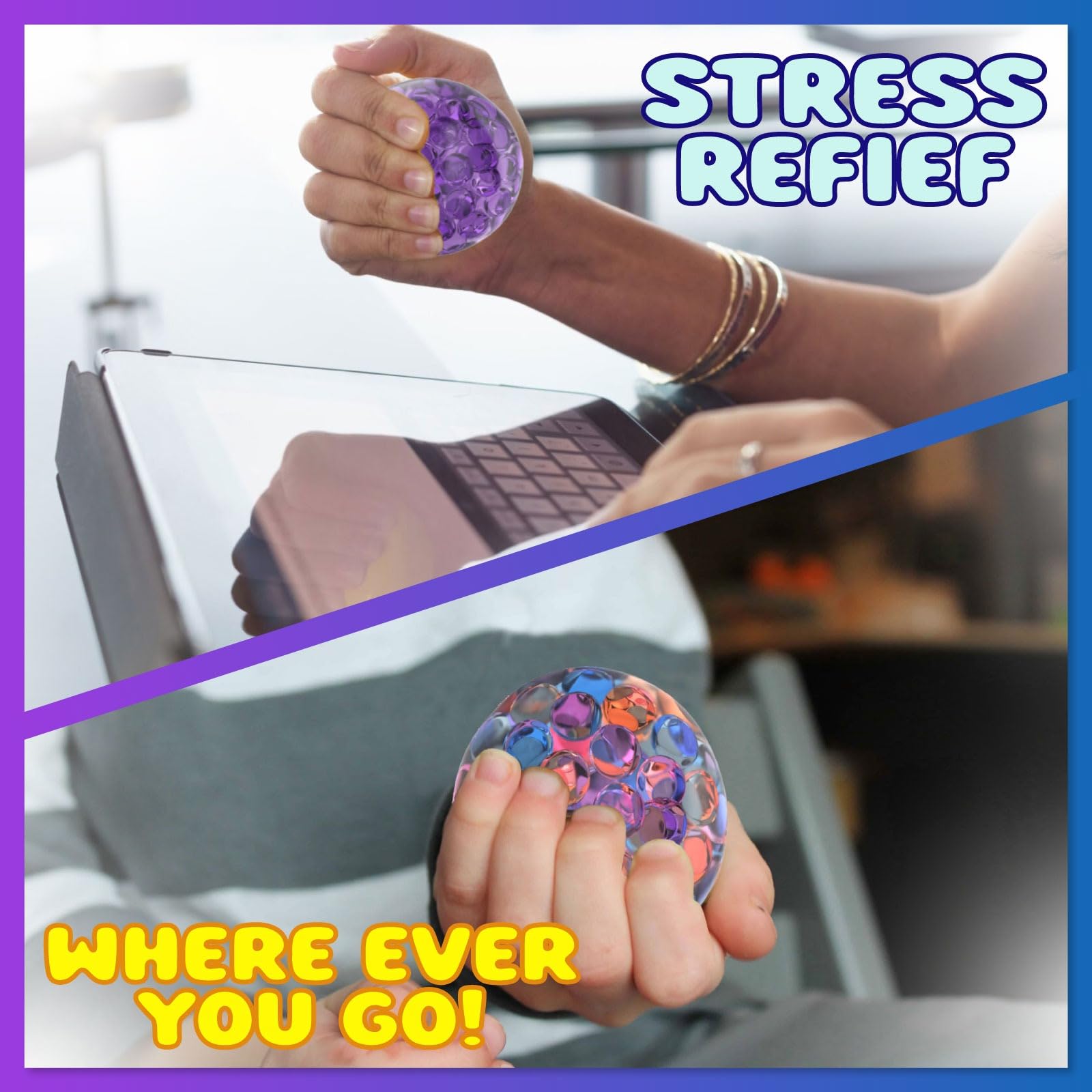 Beyond Innoventions stress ball showcasing BPA-free, safe squeezing experience.