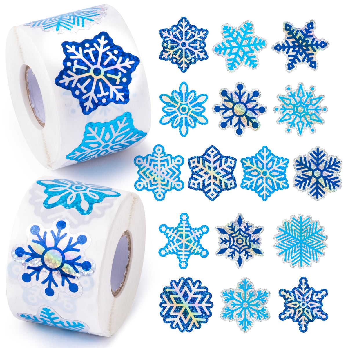 BeYumi winter snowflake stickers on two rolls showing holographic shine for crafts
