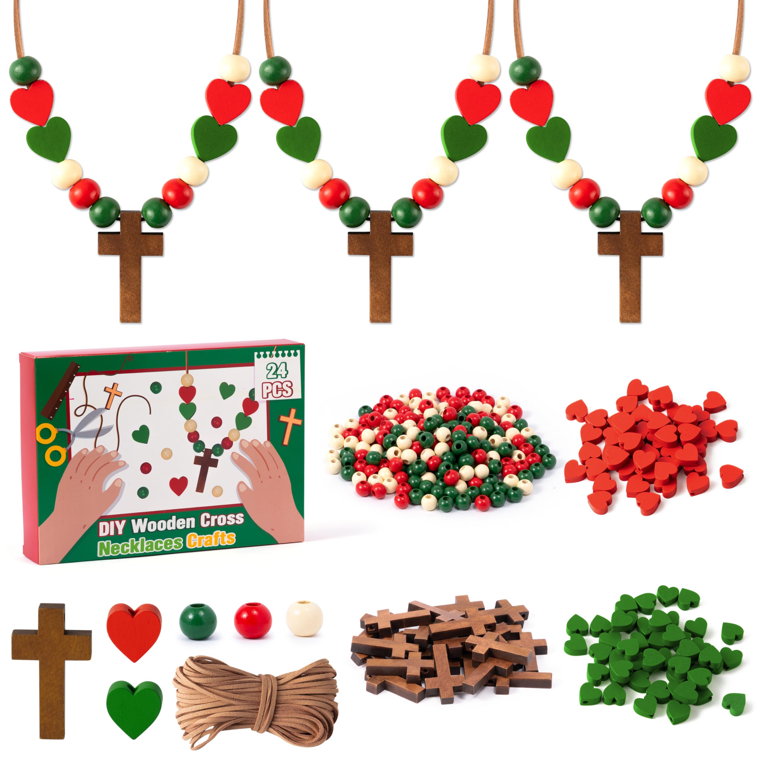 BeYumi wooden cross necklace kit packaging showing contents for gift-ready crafting.