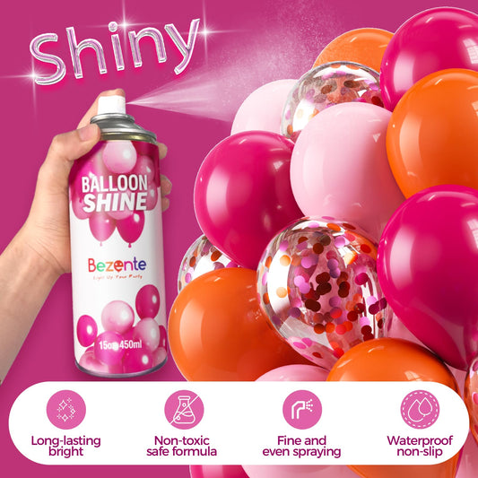 Bezente Balloon Shine spray application on latex balloons for quick, uniform gloss.