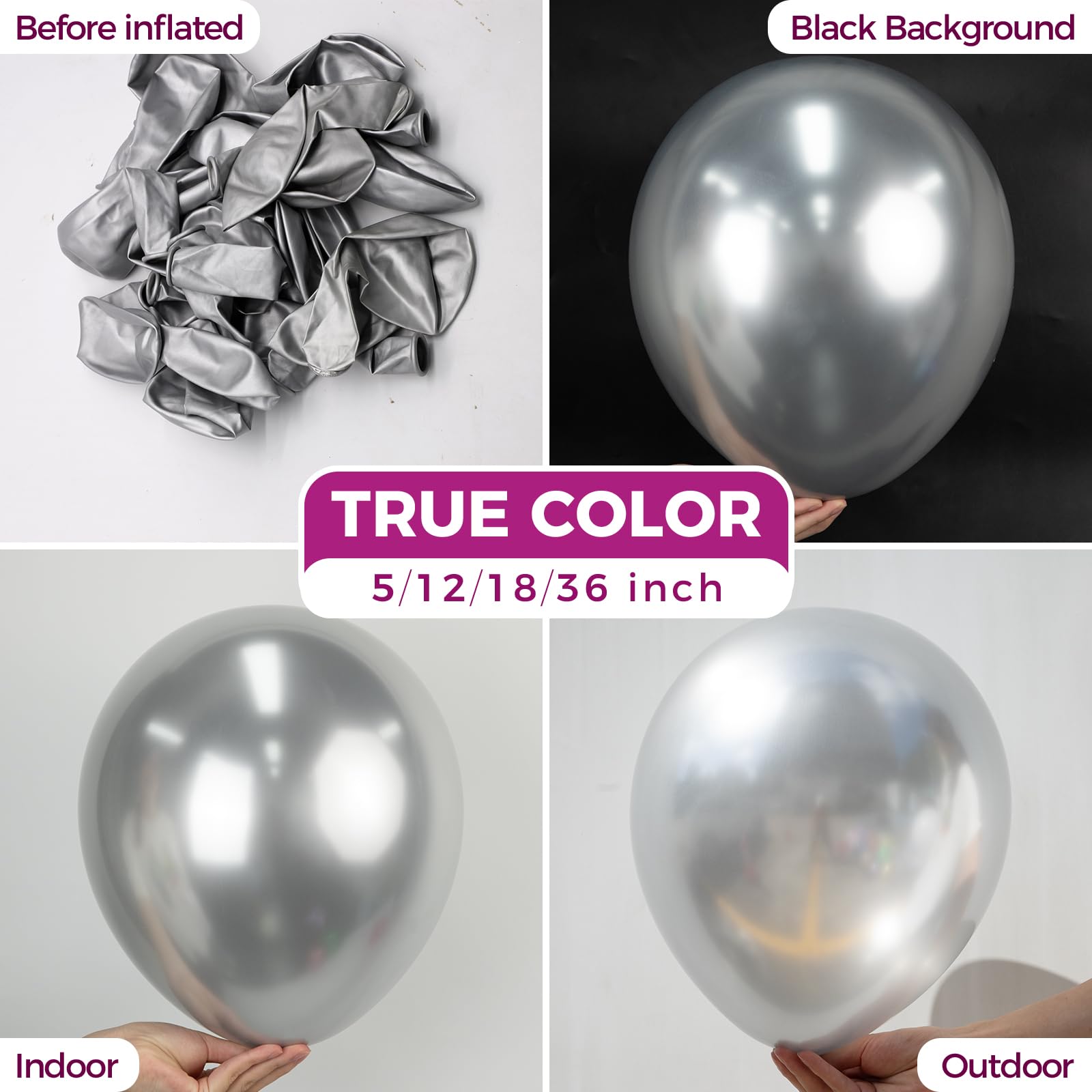 Bezente metallic silver balloons closeup reveals premium latex quality for elegant event decorating.