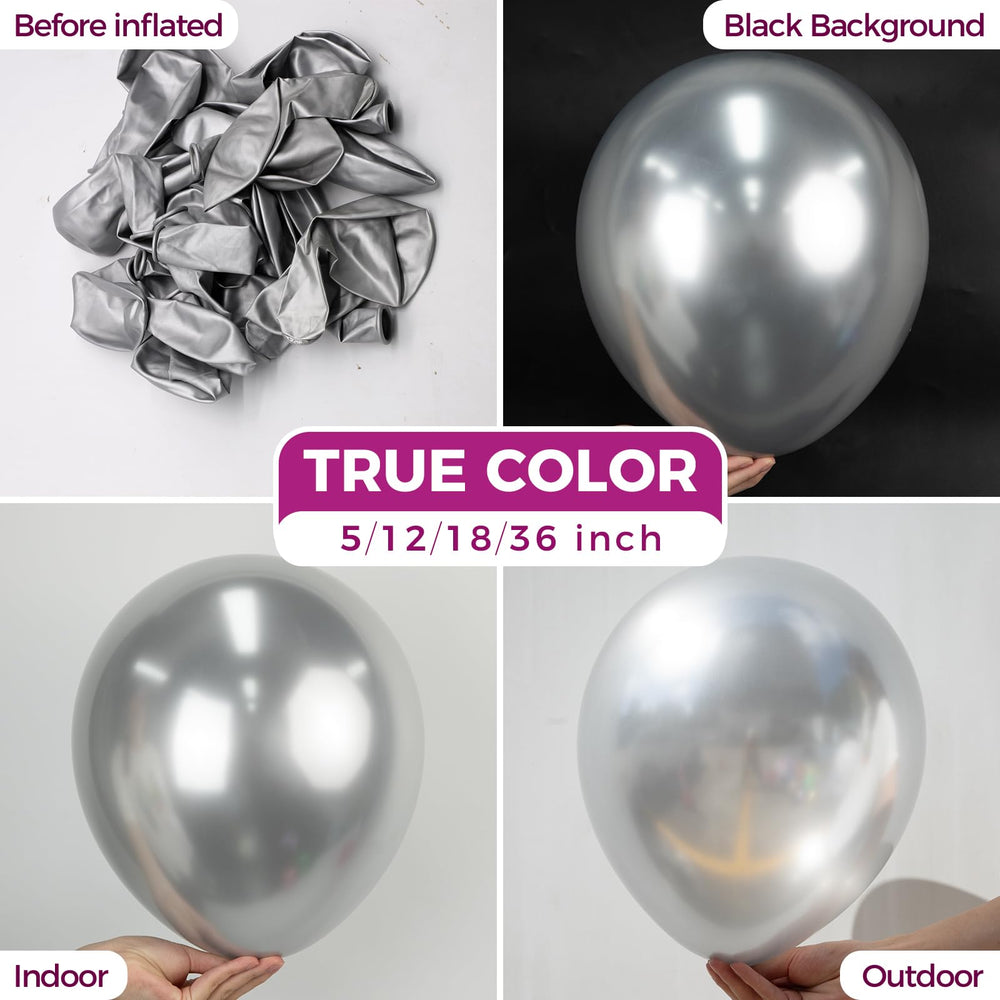 Bezente metallic silver balloons closeup reveals premium latex quality for elegant event decorating.