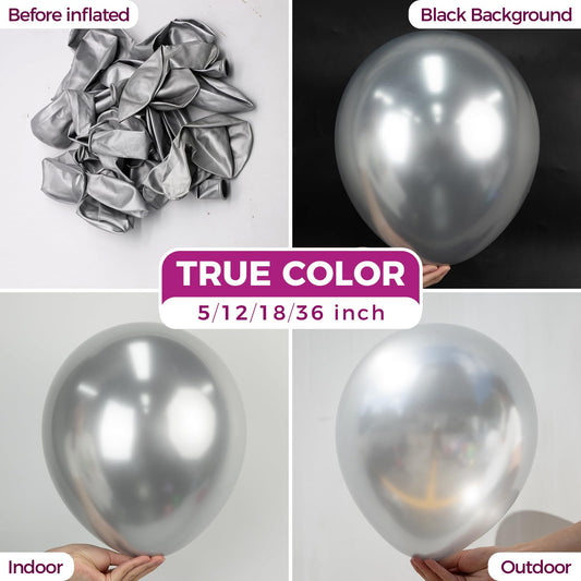 Bezente metallic silver balloons closeup reveals premium latex quality for elegant event decorating.