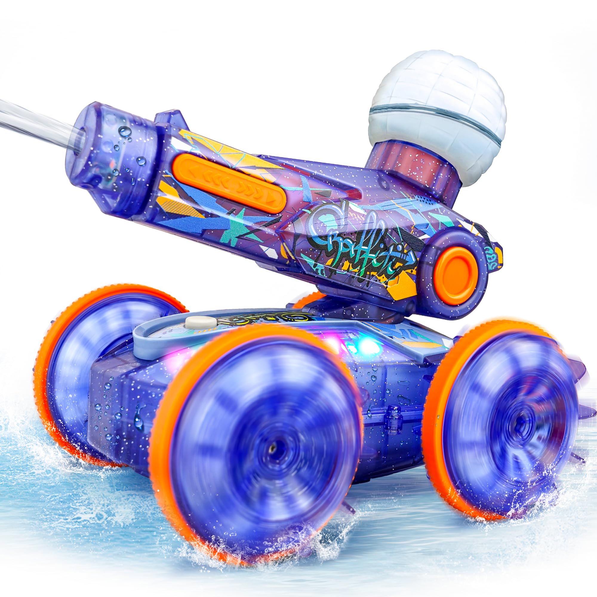 BEZGAR amphibious RC car with blue lighting for night play.