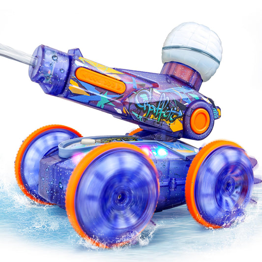 BEZGAR amphibious RC car with blue lighting for night play.