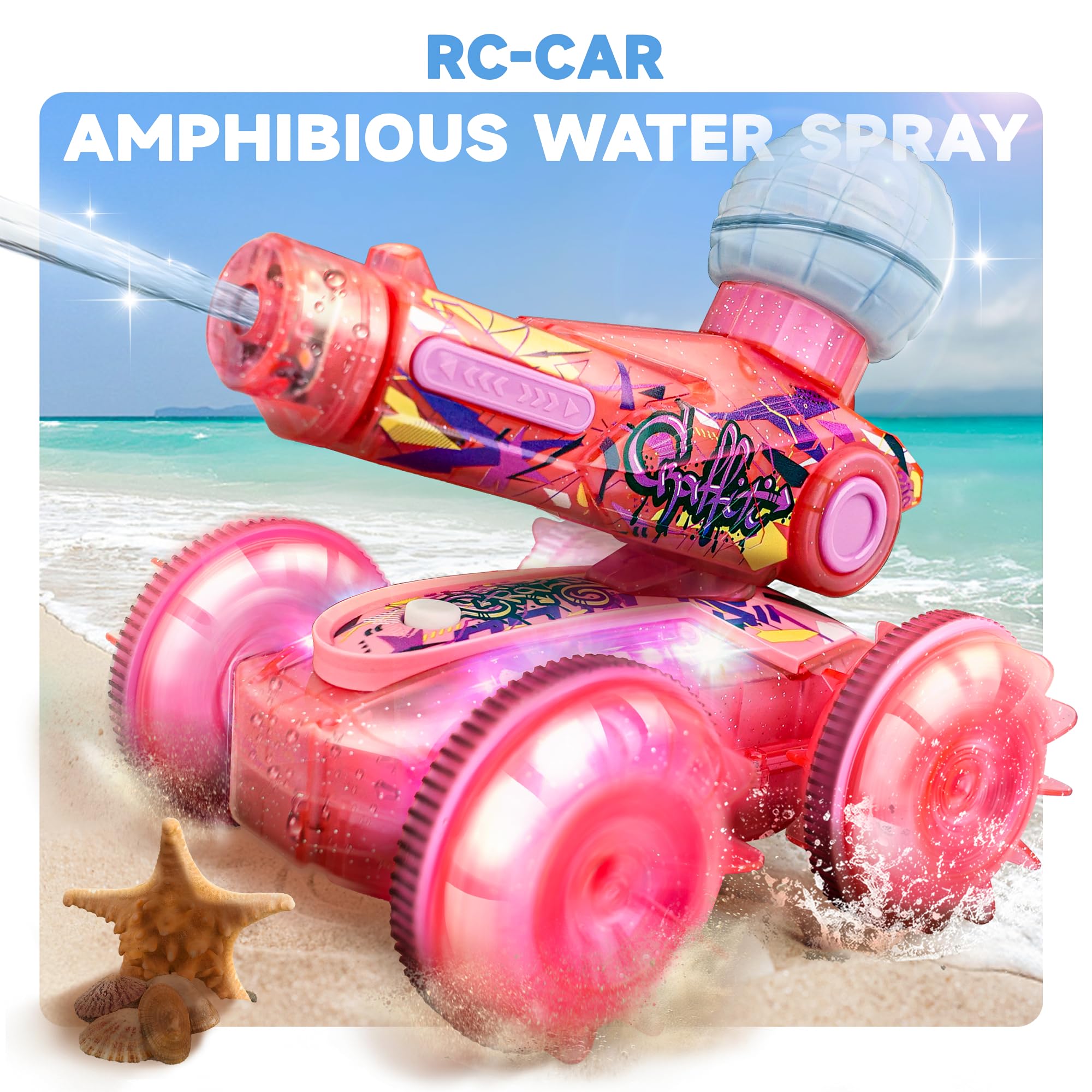 BEZGAR amphibious RC car pink with lighting effects for night-time fun.