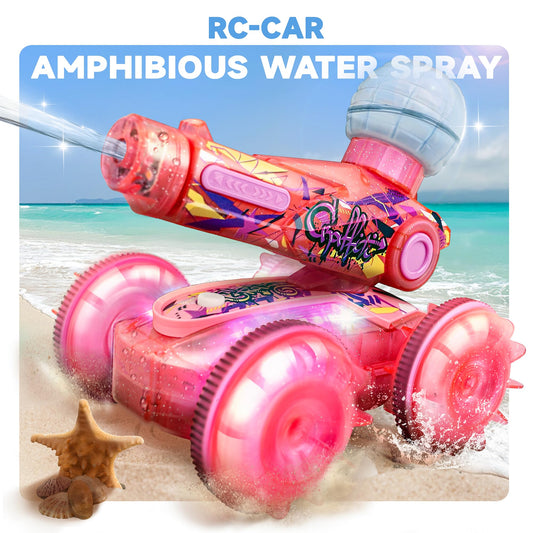 BEZGAR amphibious RC car pink with lighting effects for night-time fun.
