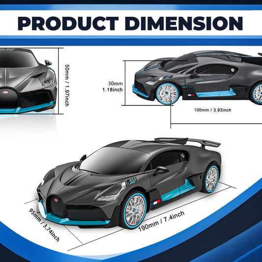 BEZGAR Bugatti 1:24 RC car side profile highlighting details and durable construction for everyday use