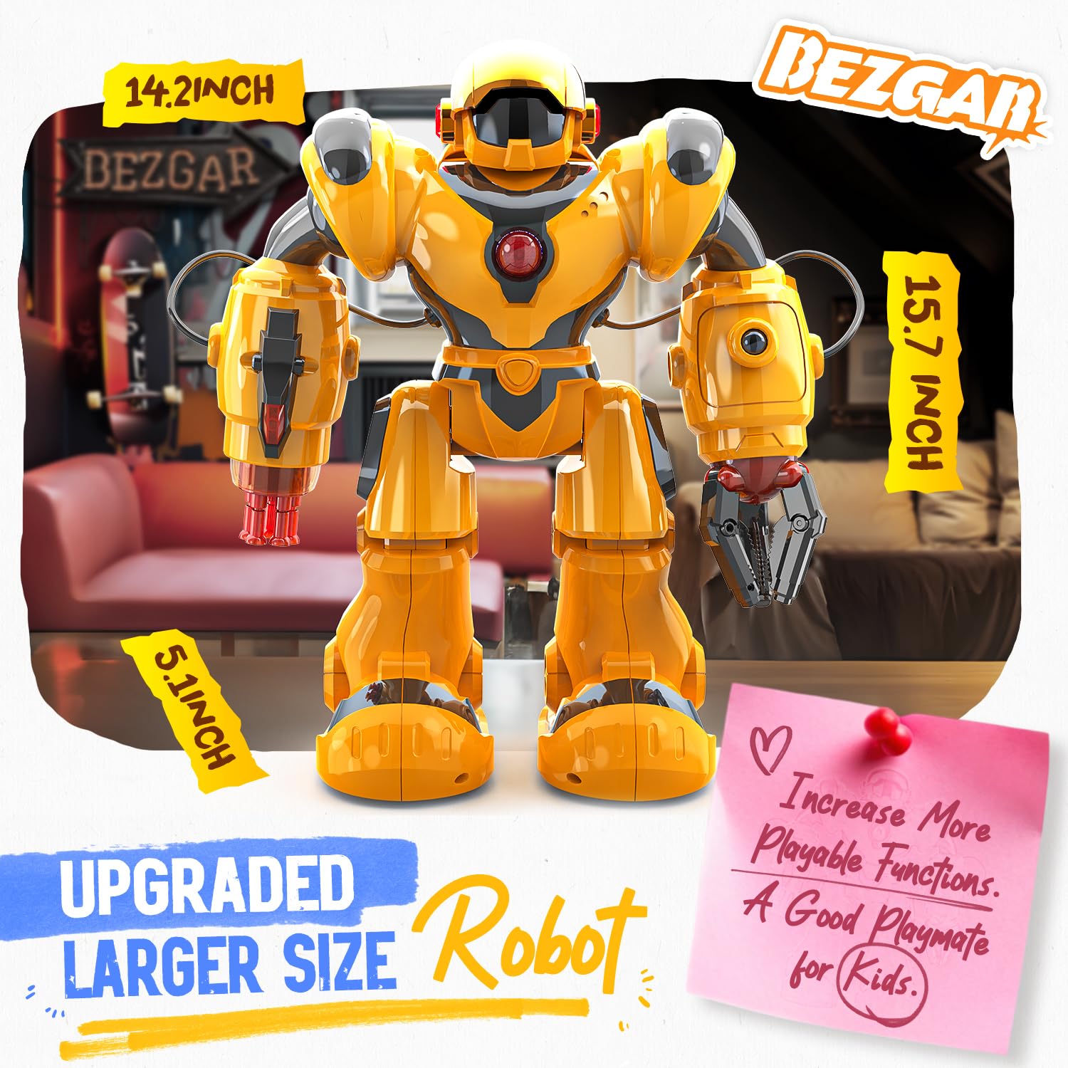 BEZGAR robot performing dynamic dance modes during playtime.