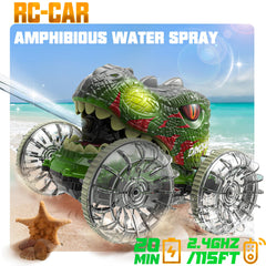 BEZGAR Dinosaur RC car showing dual-terrain capability for land and water